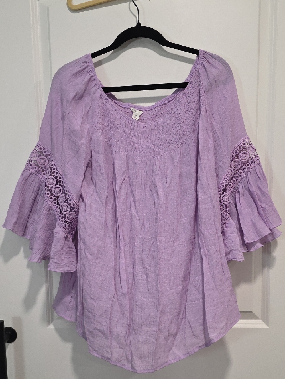 Cato Lavender Peasant Tunic with Crochet Sleeve Detail - Women Tops